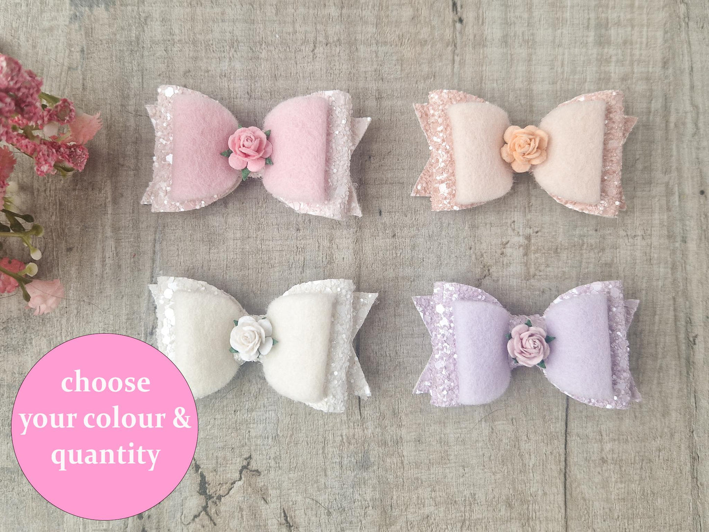 Small Pastel Hair bows with Flower Personalise choose your own colour and quantity. Perfect gift or hair accessory Flower girl or toddler.
