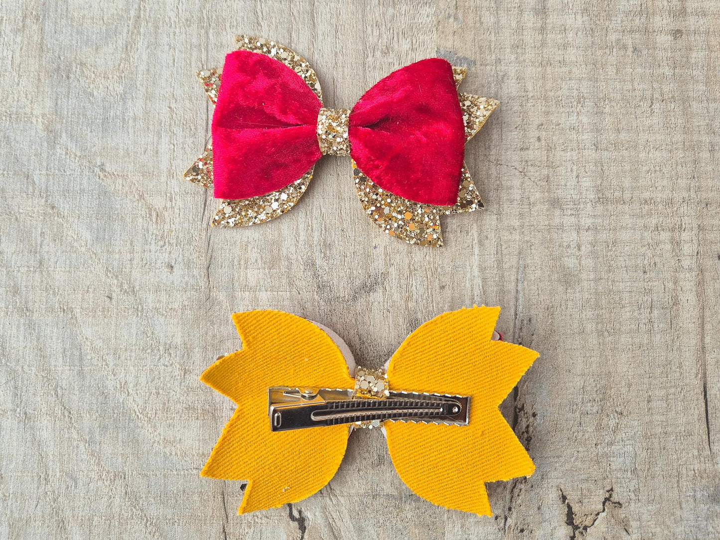 Red Christmas Hair bow for Girls made with Red velvet and gold glitter, the perfect accessory for older girls upwards