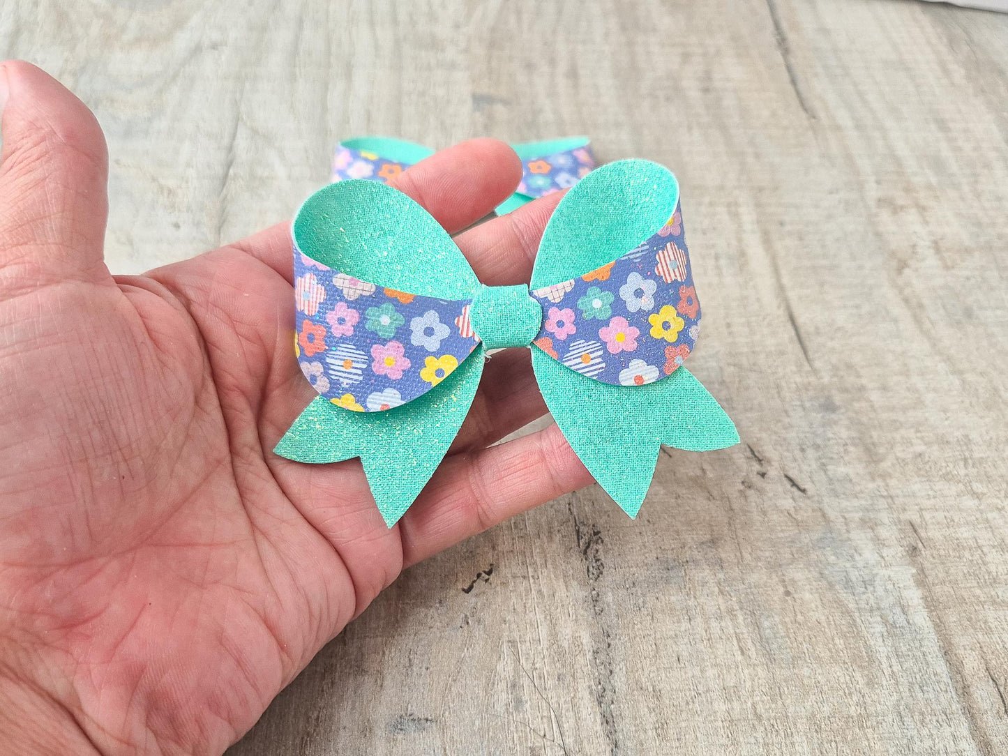 Retro Flower Hair Bow with a teal Glitter finished with Hair clip. Hair Accessory for Older Girls and ladies. A perfect small gift