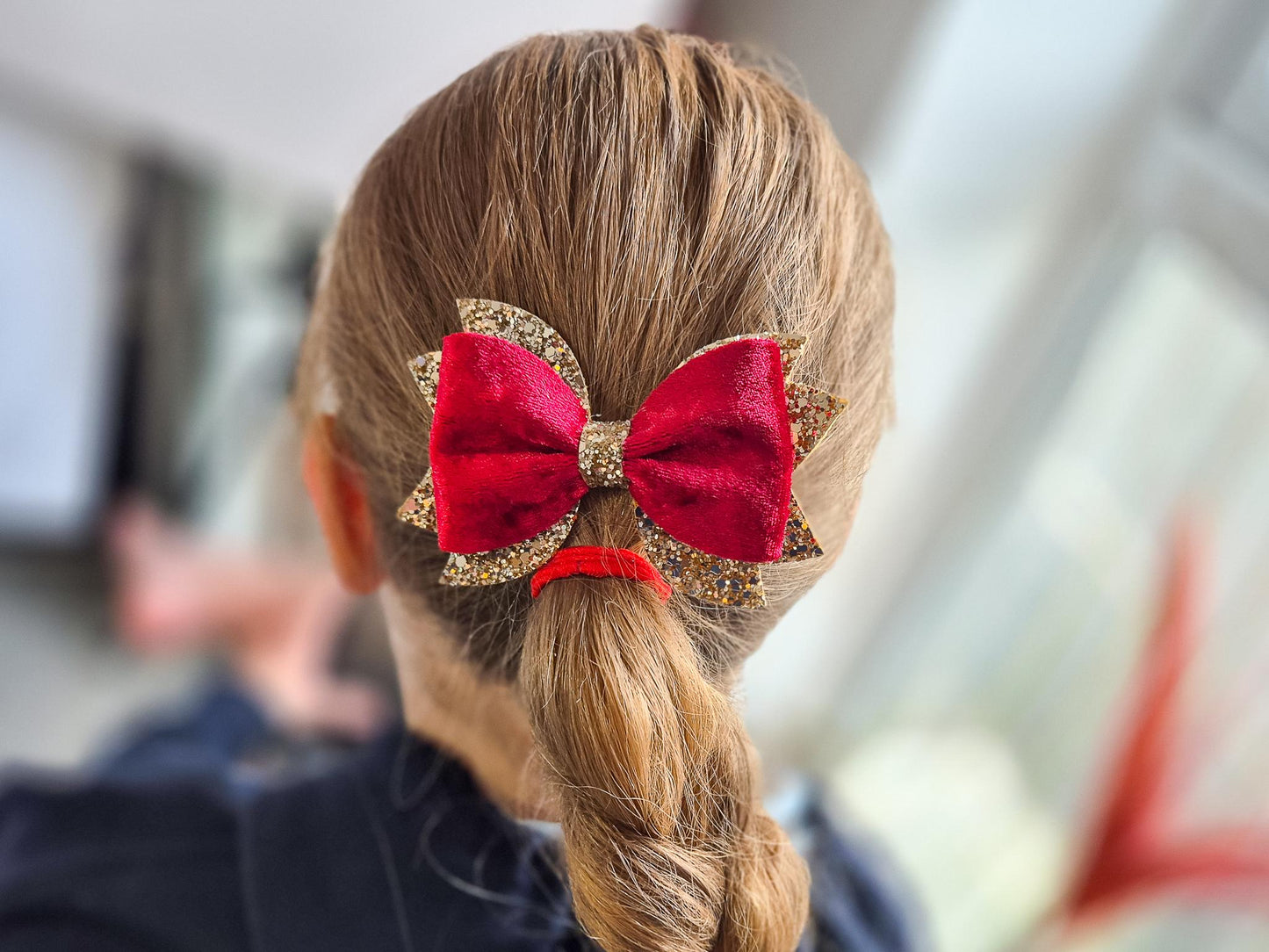 Red Christmas Hair bow for Girls made with Red velvet and gold glitter, the perfect accessory for older girls upwards