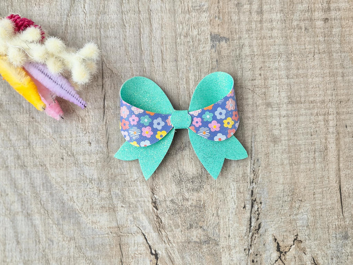 Retro Flower Hair Bow with a teal Glitter finished with Hair clip. Hair Accessory for Older Girls and ladies. A perfect small gift
