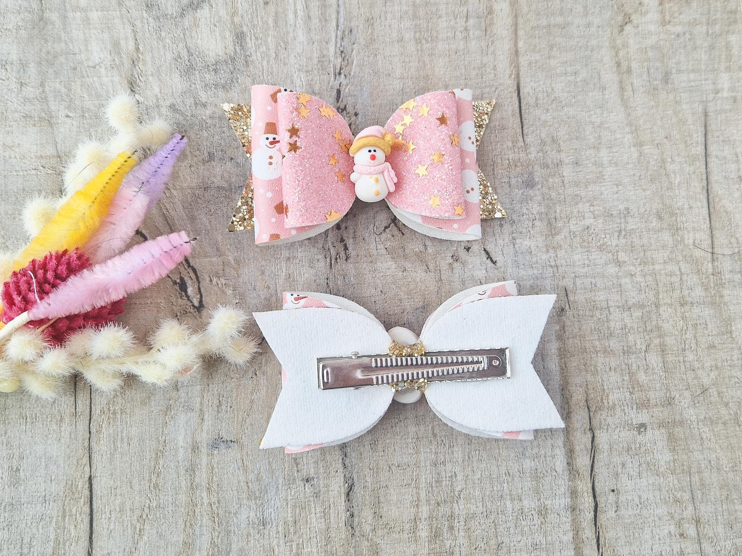 Pink Snowman Hair Bow.