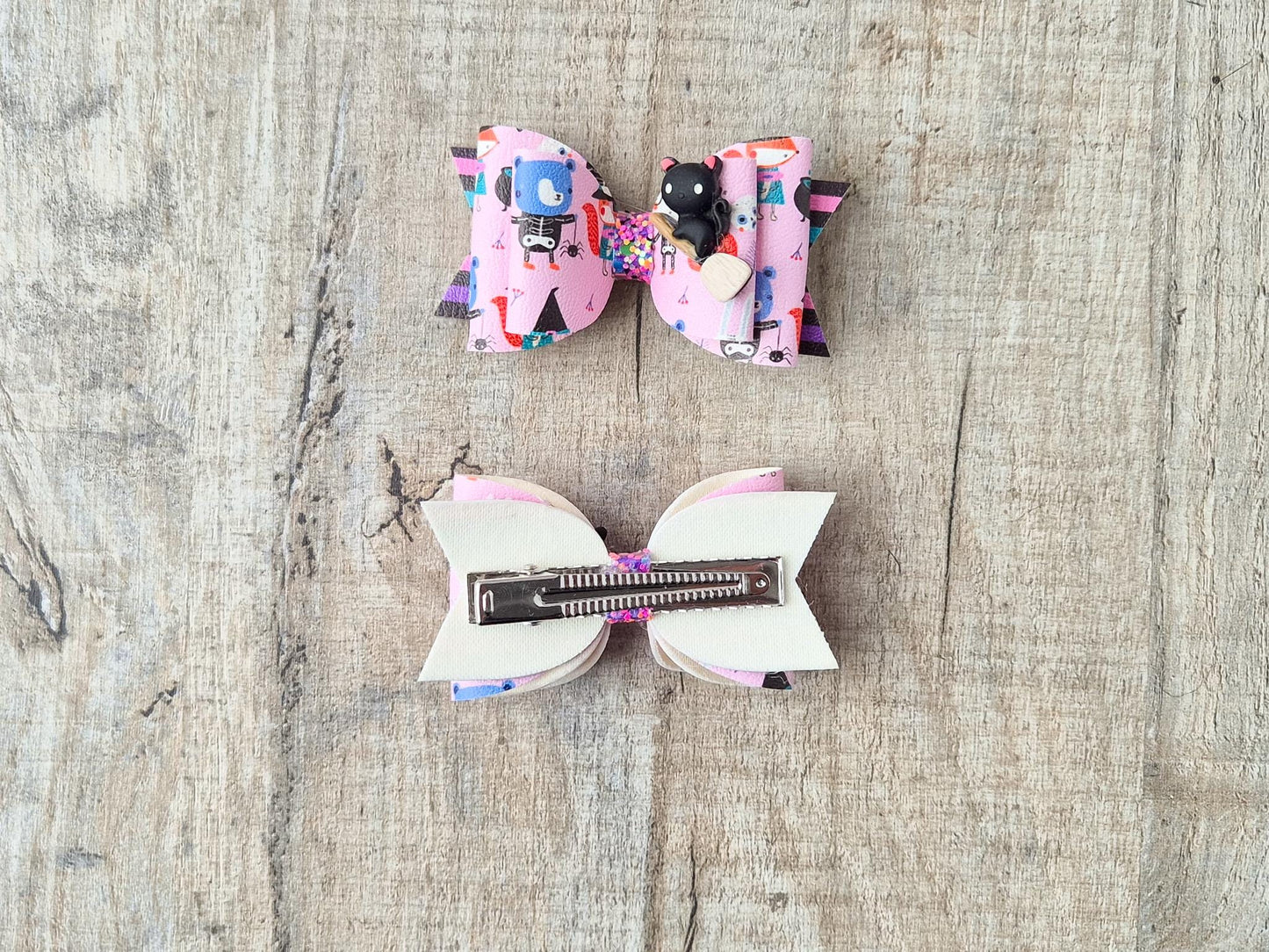 Halloween Pink Witches Hair bow, with a Cute Cat on Broom Embellishment.