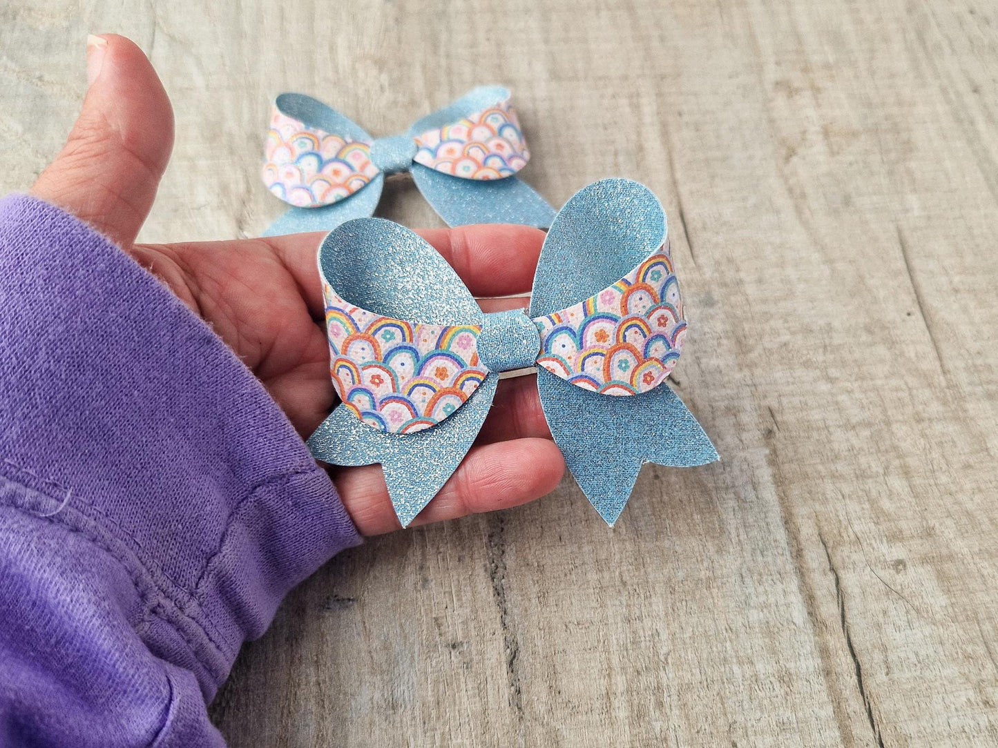 Retro Rainbow Hair Bow with green Glitter Hair clip. Hair Accessory for Older Girls and Ladies. Small Gift idea.