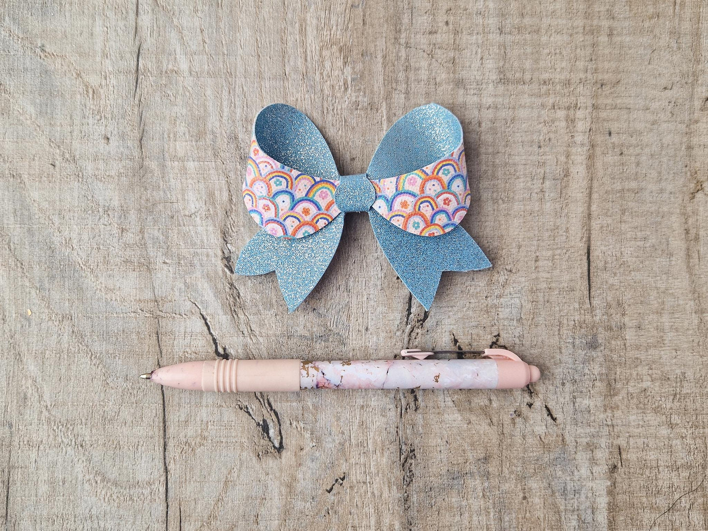 Retro Rainbow Hair Bow with green Glitter Hair clip. Hair Accessory for Older Girls and Ladies. Small Gift idea.