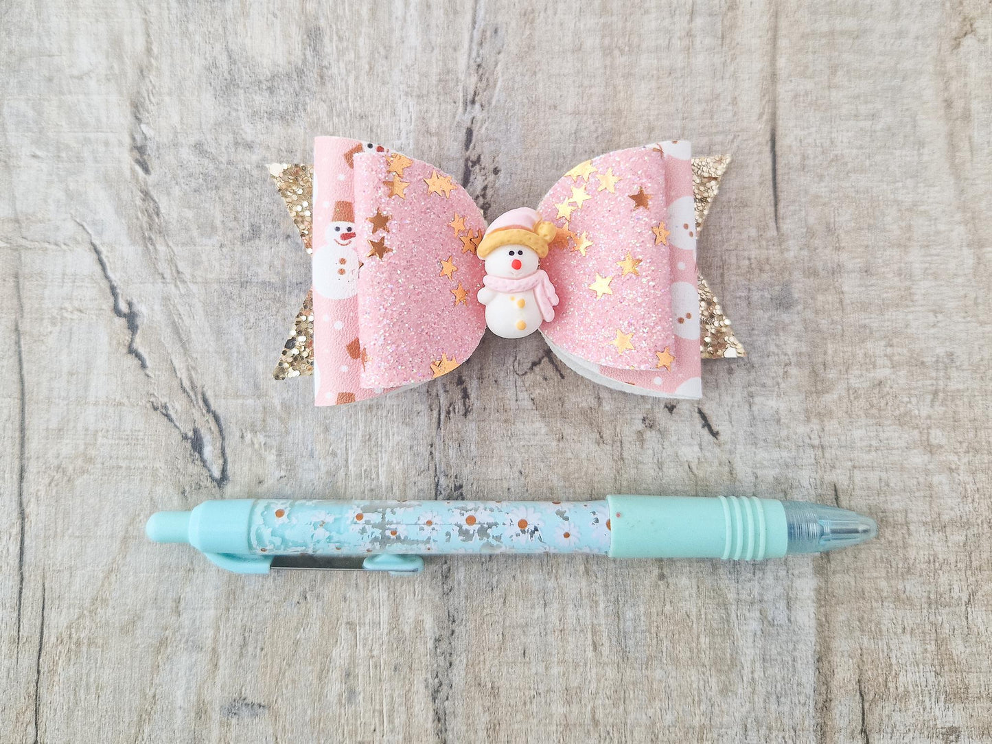 Pink Snowman Hair Bow.