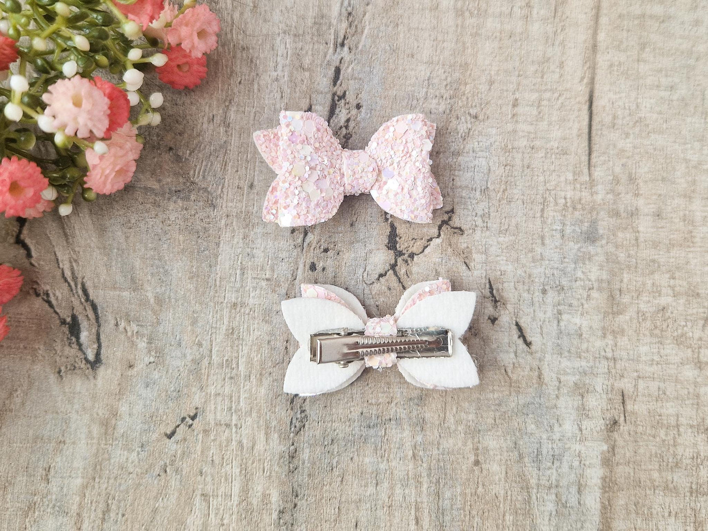 Mini Baby Hair bow/Hair clip for Baby Girl comes as a Pair. Ideal for Pigtails or Clipping Fringes. A Gift basket Filler Idea for a Girl.