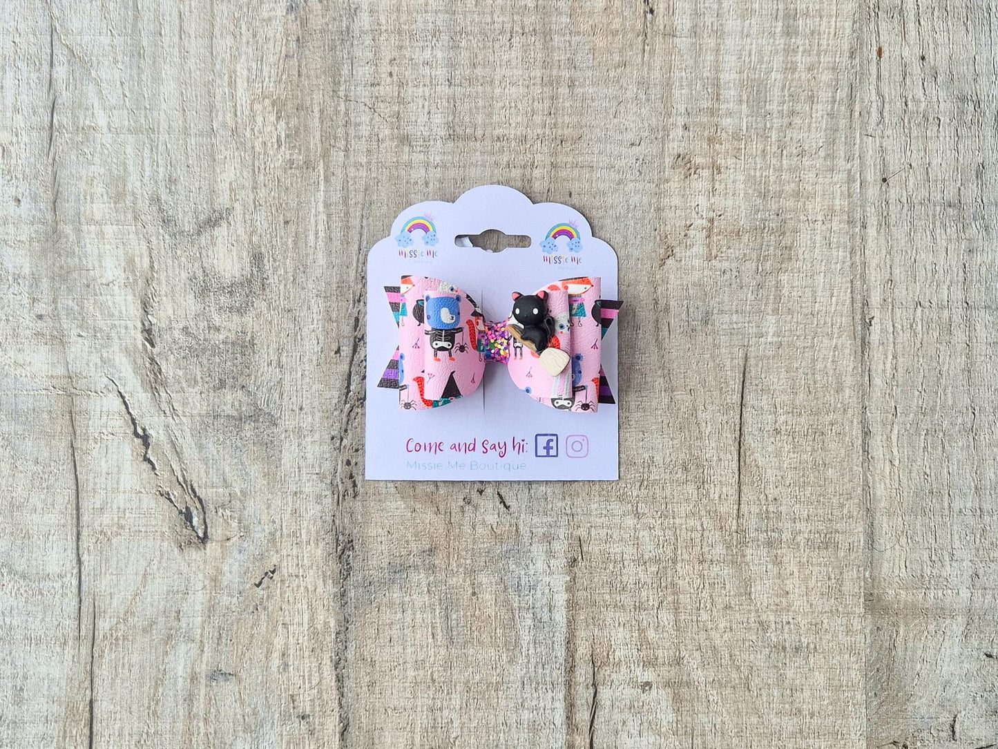 Halloween Pink Witches Hair bow, with a Cute Cat on Broom Embellishment.