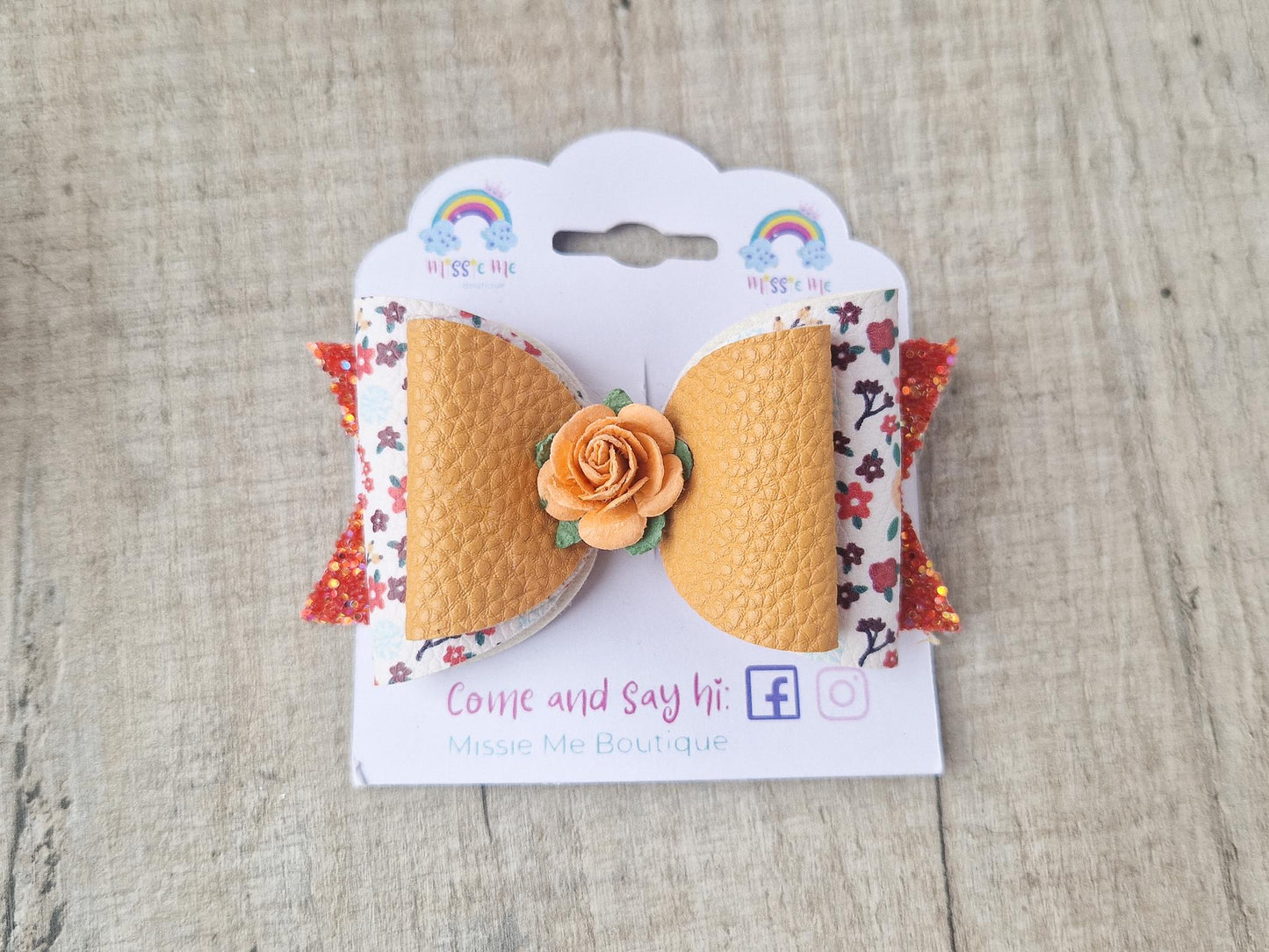 Large Hair bow in Autumn Colours & Orange flower.