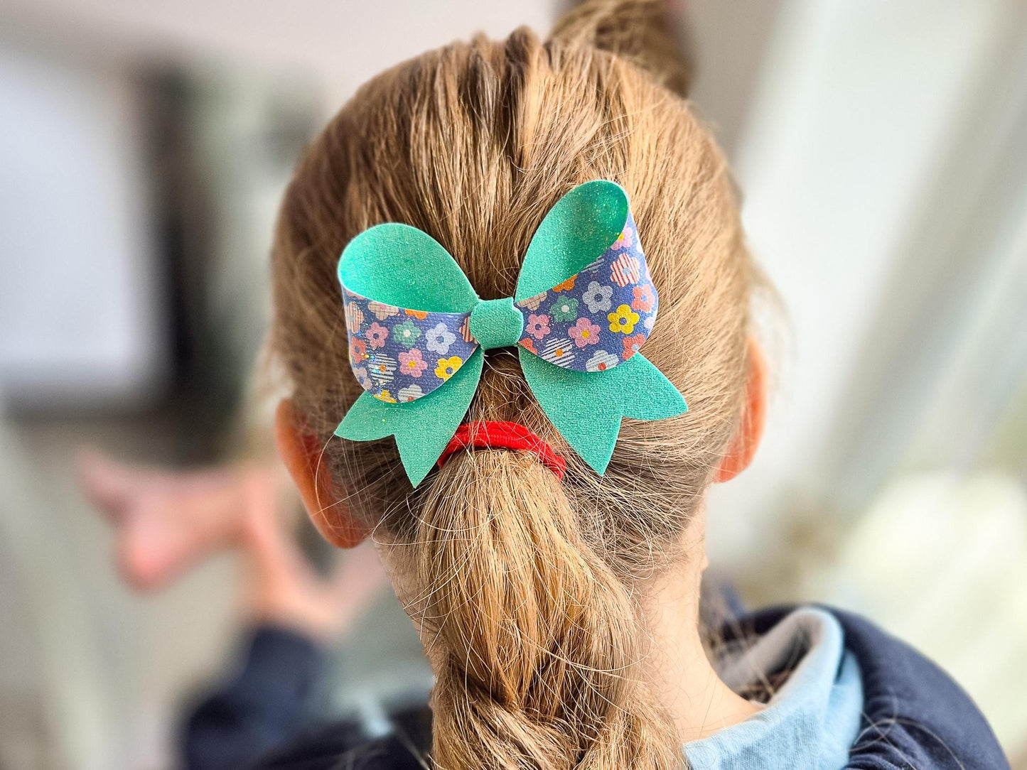 Retro Flower Hair Bow with a teal Glitter finished with Hair clip. Hair Accessory for Older Girls and ladies. A perfect small gift