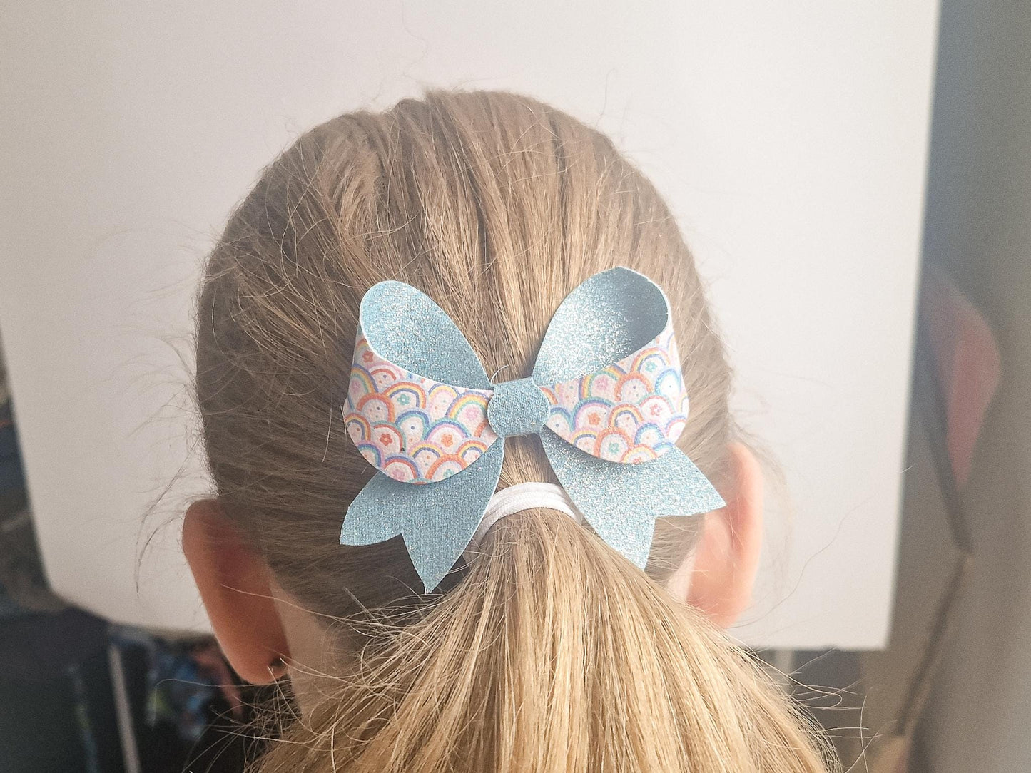 Retro Rainbow Hair Bow with green Glitter Hair clip. Hair Accessory for Older Girls and Ladies. Small Gift idea.