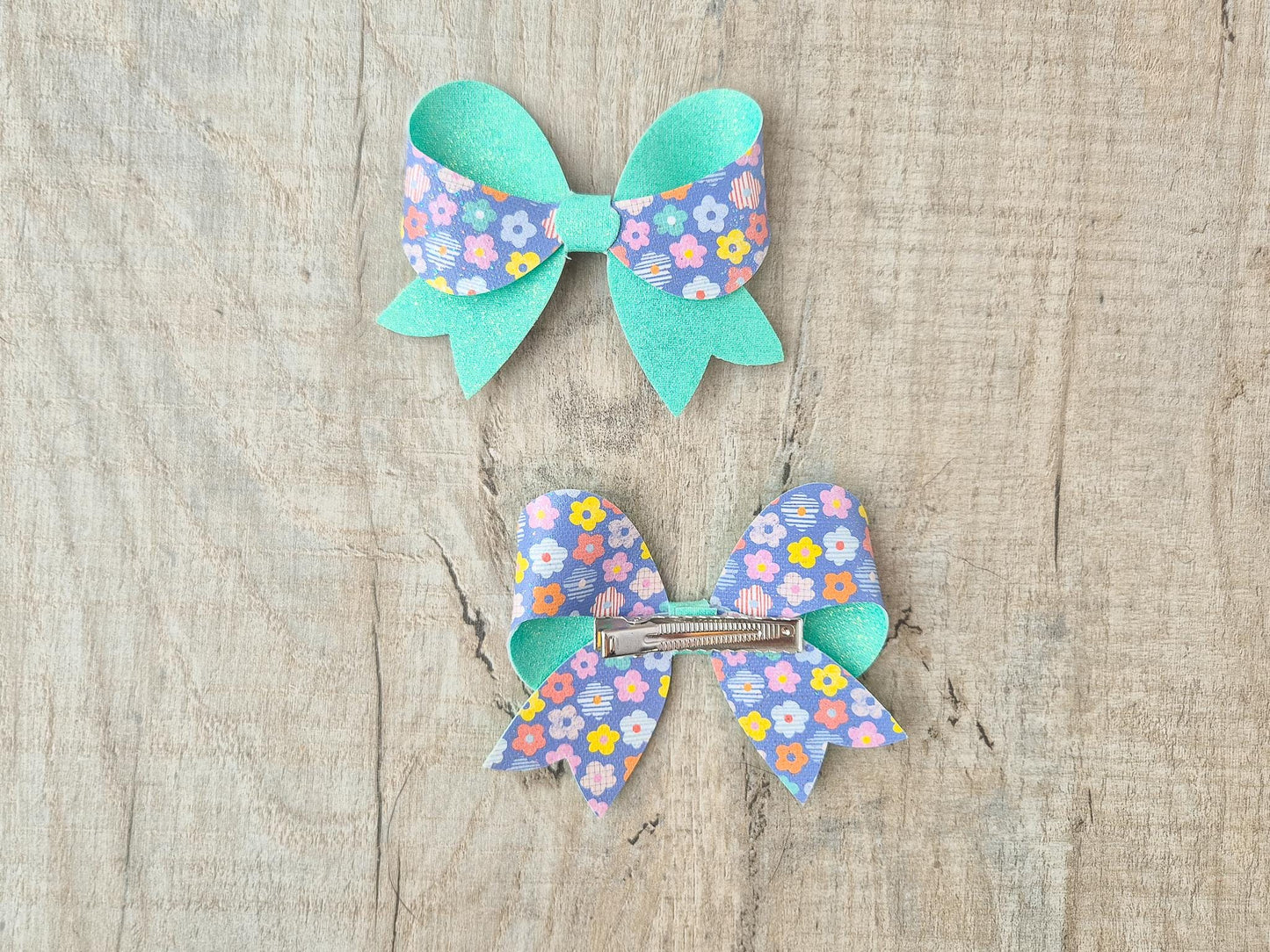 Retro Flower Hair Bow with a teal Glitter finished with Hair clip. Hair Accessory for Older Girls and ladies. A perfect small gift