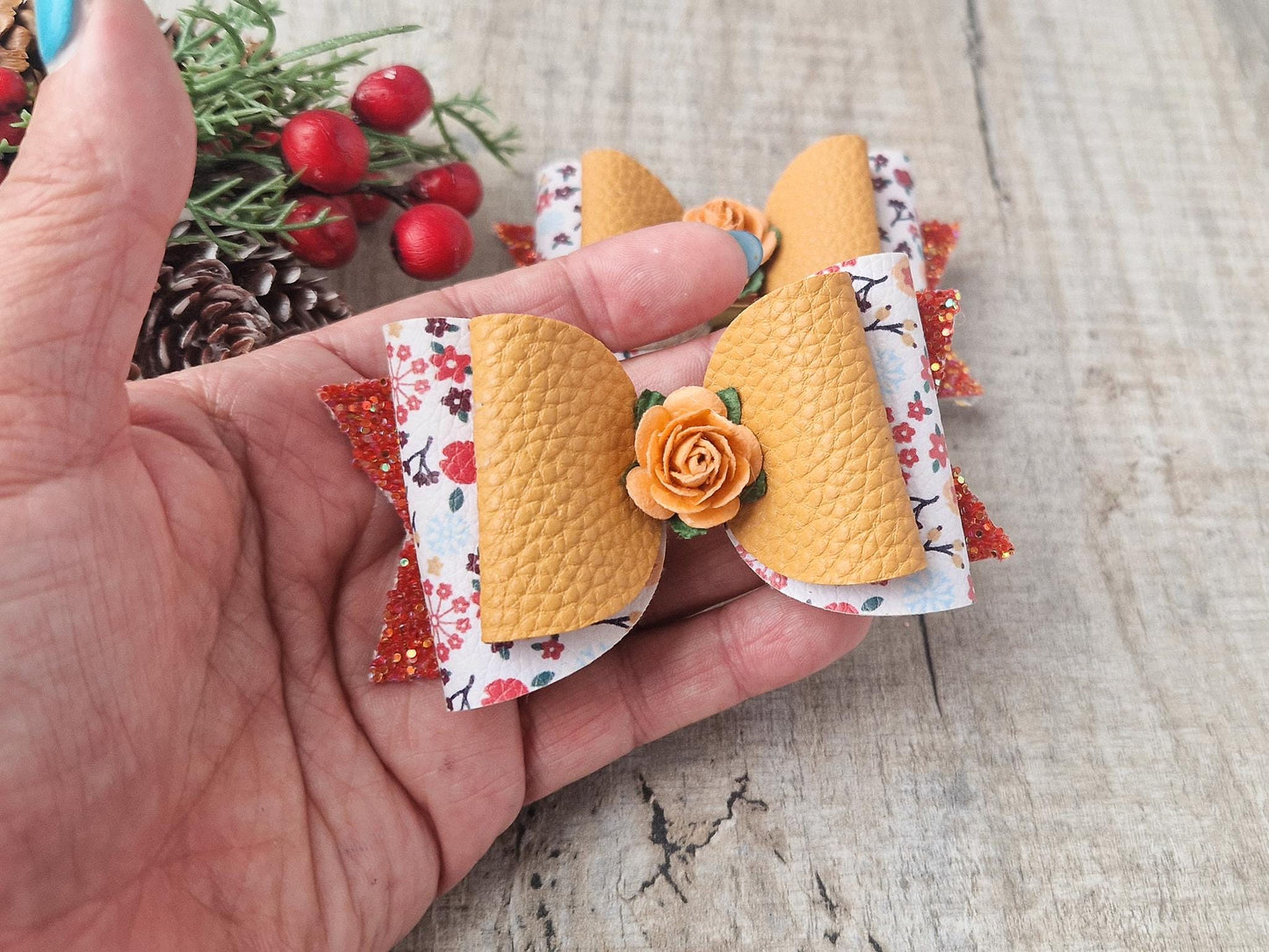 Large Hair bow in Autumn Colours & Orange flower.