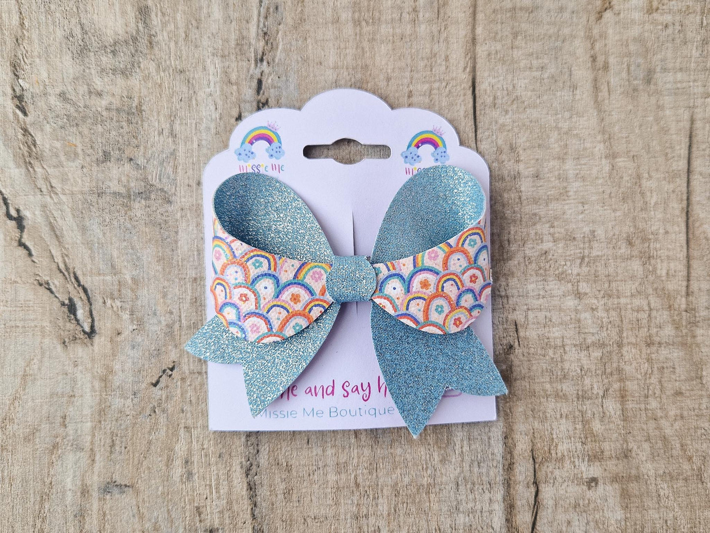 Retro Rainbow Hair Bow with green Glitter Hair clip. Hair Accessory for Older Girls and Ladies. Small Gift idea.