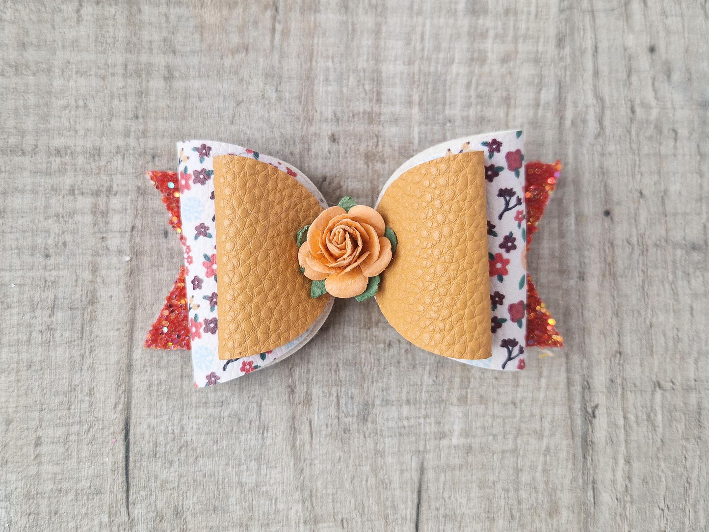 Large Hair bow in Autumn Colours & Orange flower.