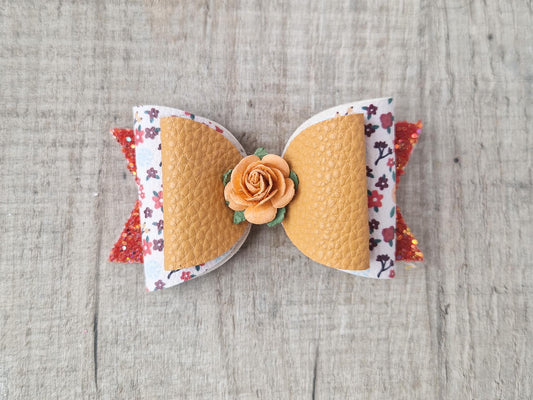 Large Hair bow in Autumn Colours & Orange flower.