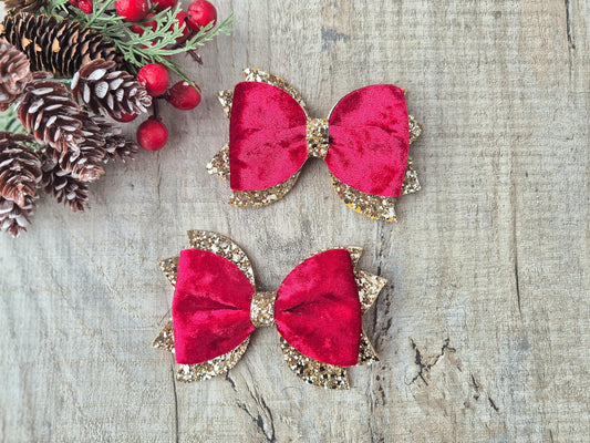 Red Christmas Hair bow for Girls made with Red velvet and gold glitter, the perfect accessory for older girls upwards