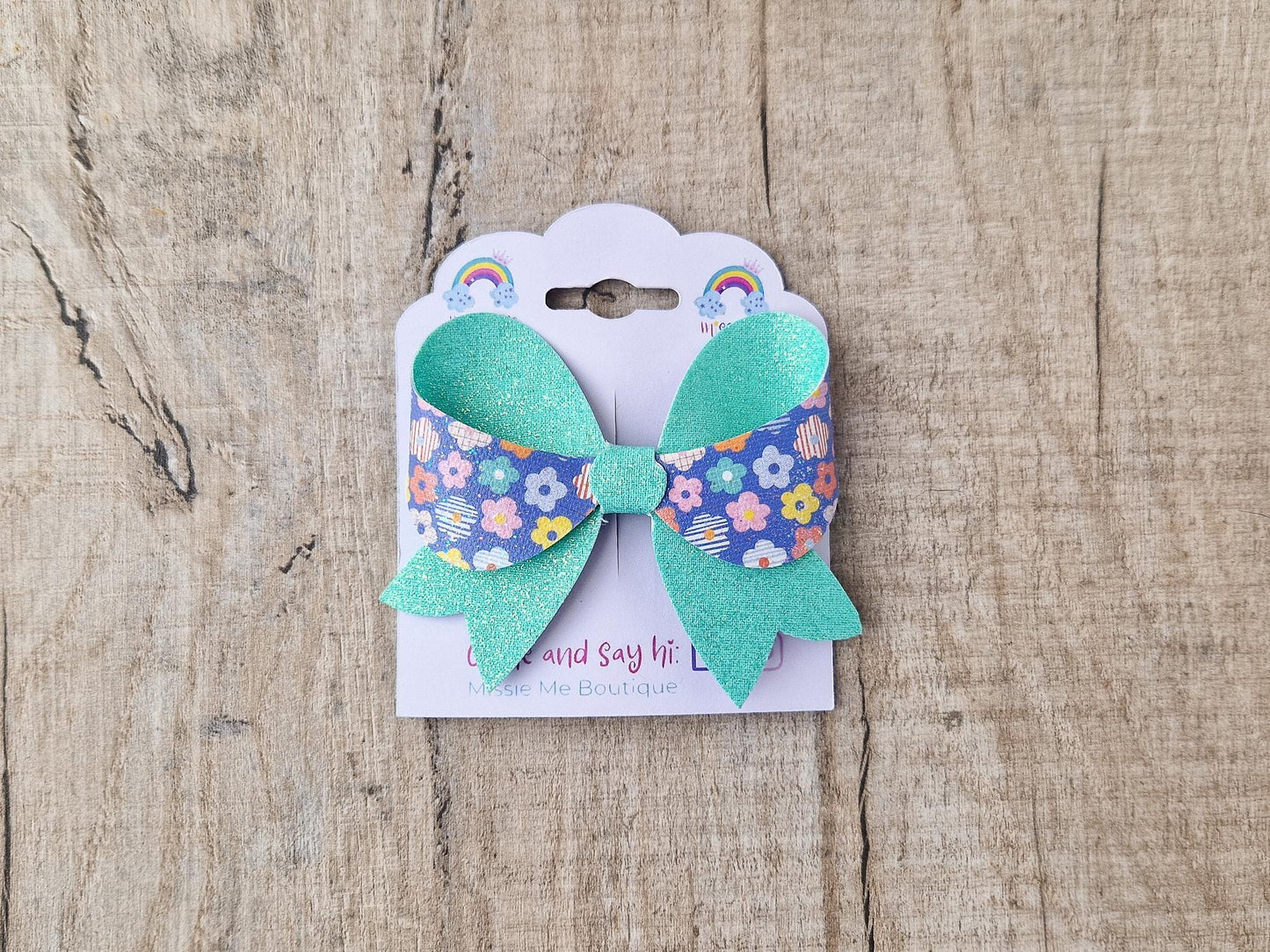 Retro Flower Hair Bow with a teal Glitter finished with Hair clip. Hair Accessory for Older Girls and ladies. A perfect small gift