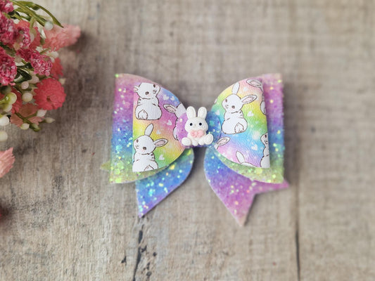 Rainbow Bunny Hair Bow, with Glitter and a Rabbit Embellishment.  Ideal Girls Gift Basket