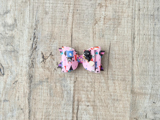 Halloween Pink Witches Hair bow, with a Cute Cat on Broom Embellishment.