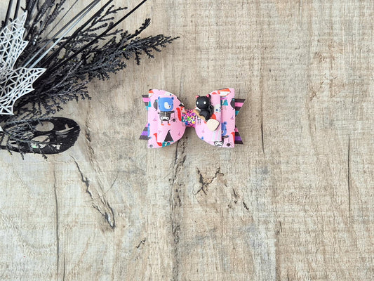 Halloween Pink Witches Hair bow, with a Cute Cat on Broom Embellishment.