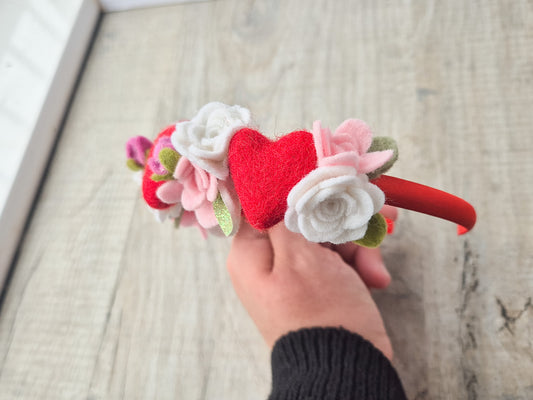 Handmade Felt Flower & Heart Headband – Valentine Bloom