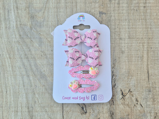 Pink Cat paws pigtail set, 2 x Hair bows & 2 x snap clip.