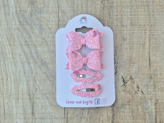 Bright Pink glitter icecream pigtail set, 2 x Hair bows & 2 x snap clip.