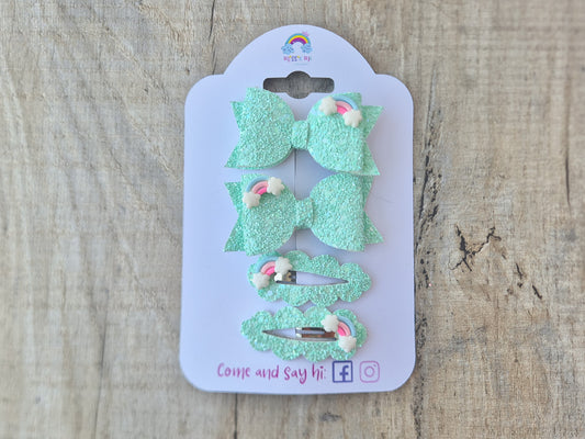 Green Pastel Rainbows pigtail set, 2 x Hair bows & 2 x snap clip.