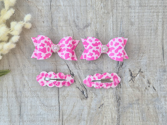 Bright Pink Leopard  pigtail set, 2 x Hair bows & 2 x snap clip.