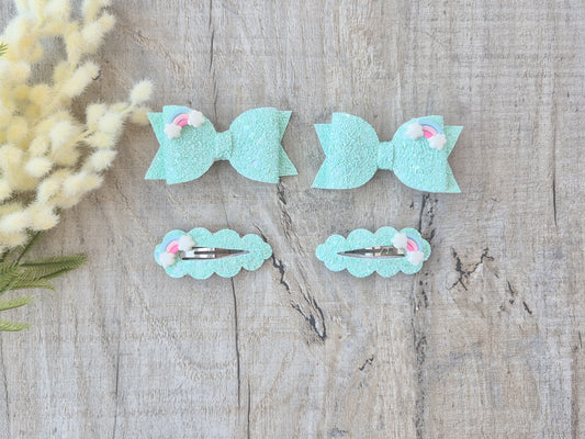 Green Pastel Rainbows pigtail set, 2 x Hair bows & 2 x snap clip.