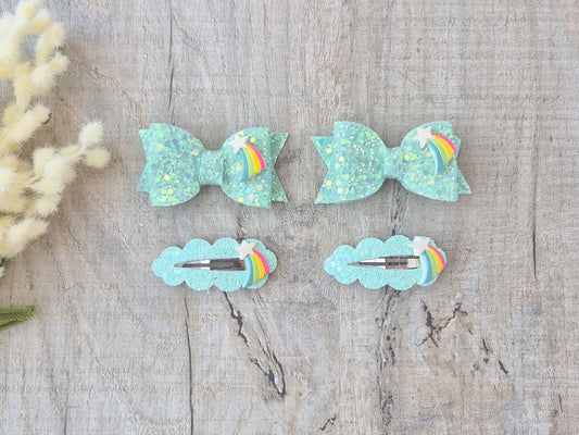 Green Shooting Star pigtail set, 2 x Hair bows & 2 x snap clip.