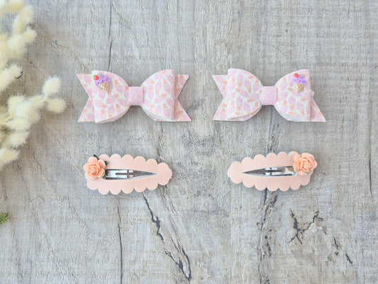 Peachy Pink ice cream pigtail set, 2 x Hair bows & 2 x snap clip. (Copy)