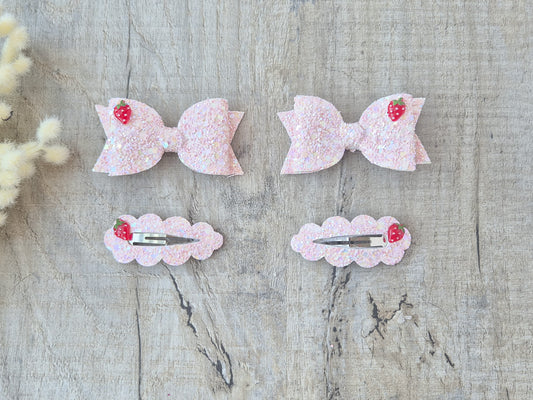 Light Pink glitter Strawberries pigtail set, 2 x Hair bows & 2 x snap clip.