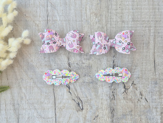 Cute ice cream pigtail set, 2 x Hair bows & 2 x snap clip.