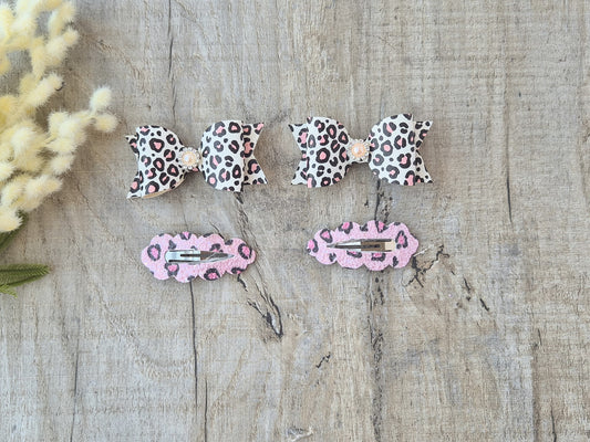 White & Pink Leopard  pigtail set, 2 x Hair bows & 2 x snap clip.