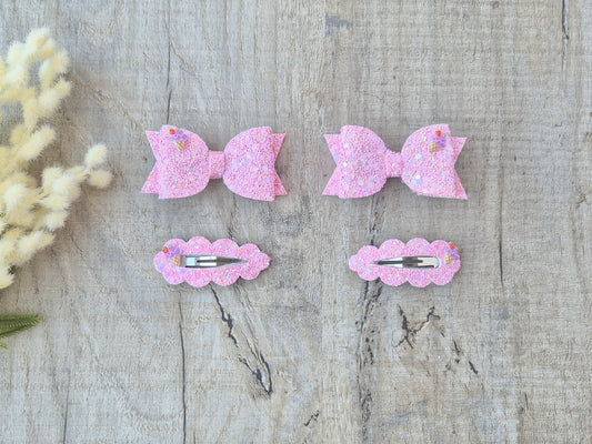 Bright Pink glitter icecream pigtail set, 2 x Hair bows & 2 x snap clip.