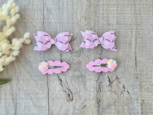 Pink Cat paws pigtail set, 2 x Hair bows & 2 x snap clip.