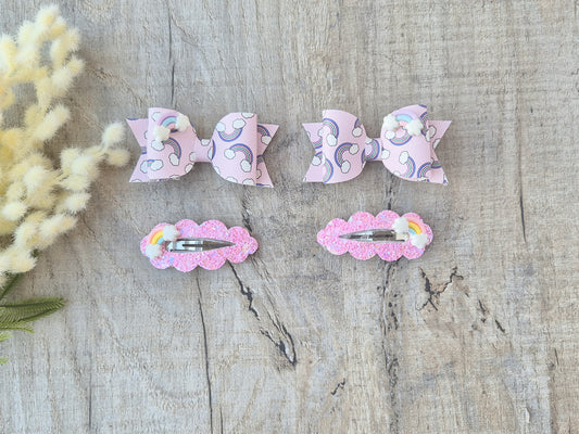 Pink Rainbow pigtail set, 2 x Hair bows & 2 x snap clip.