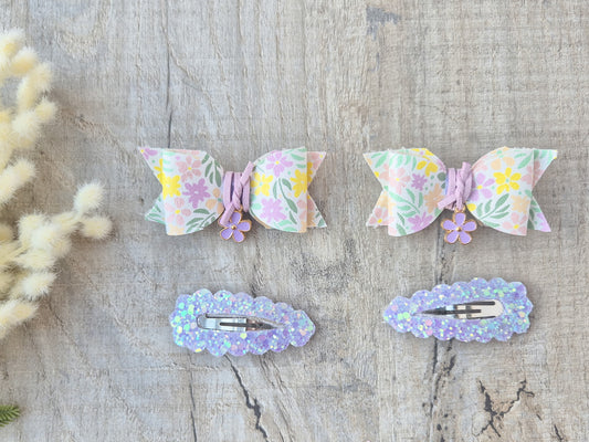 Purple Spring flower pigtail set, 2 x Hair bows & 2 x snap clip.