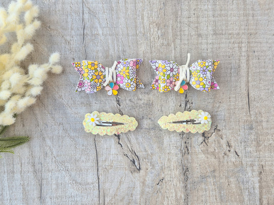 Bright Daisy pigtail set, 2 x Hair bows & 2 x snap clip.