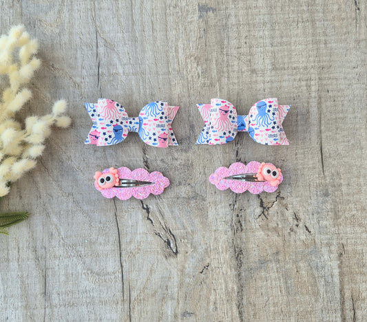 Under the sea pigtail set, 2 hair bows and 2 x snap clips