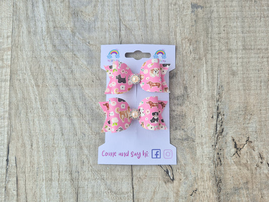 Pink Dogs Pigtail Hair Bows Set, 2x small hair bows.