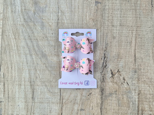 Pink Horse Pigtail Hair Bows Set, 2x small hair bows.