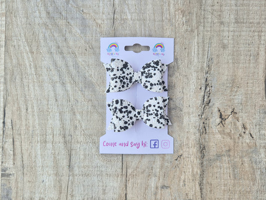Dalmatian Glitter Pigtail Hair Bows Set, 2x small hair bows.