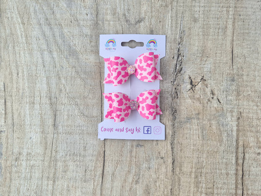 Bright Pink Leopard Pigtail Hair Bows Set, 2x small hair bows