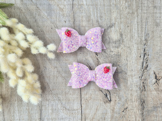 Pink Strawberry Glitter Pigtail Hair Bows Set, 2x small hair bows