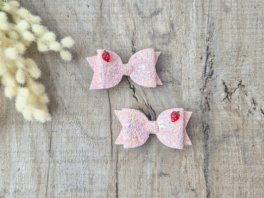 Peachy Pastel Strawberries Glitter Pigtail Hair Bows Set, 2x small hair bows