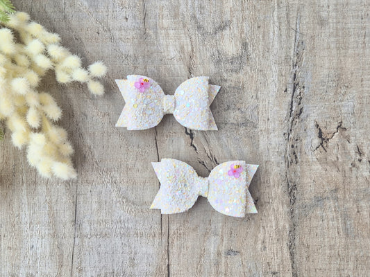 Pastel Bees Pigtail Hair Bows Set, 2x small hair bows.