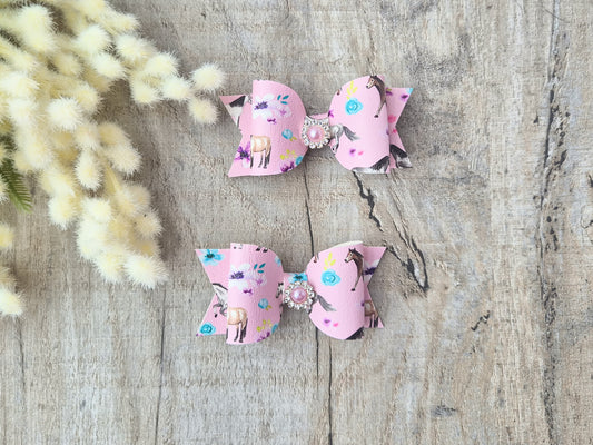Pink Horse Pigtail Hair Bows Set, 2x small hair bows.